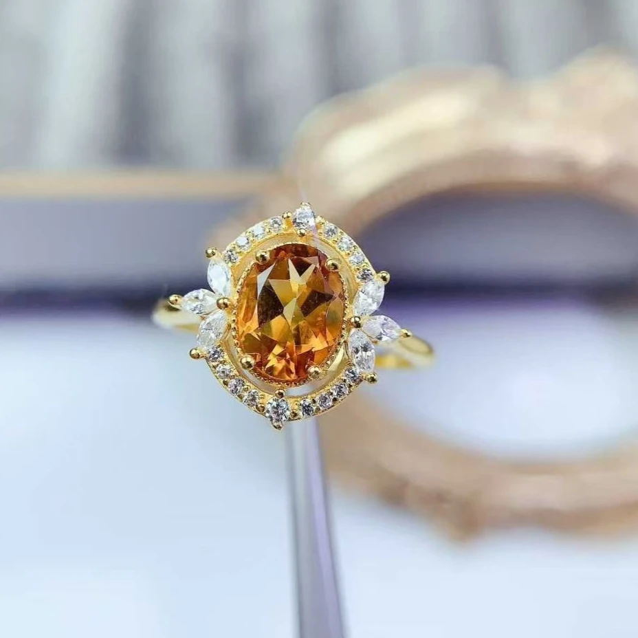 

Натуральное серебряное кольцо с цитрином, настоящее серебро 925 пробы, ювелирные изделия с кристаллами, 1 карат, 6 мм * 8 мм, кольцо из натурального цитрина класса VVS для помолвки