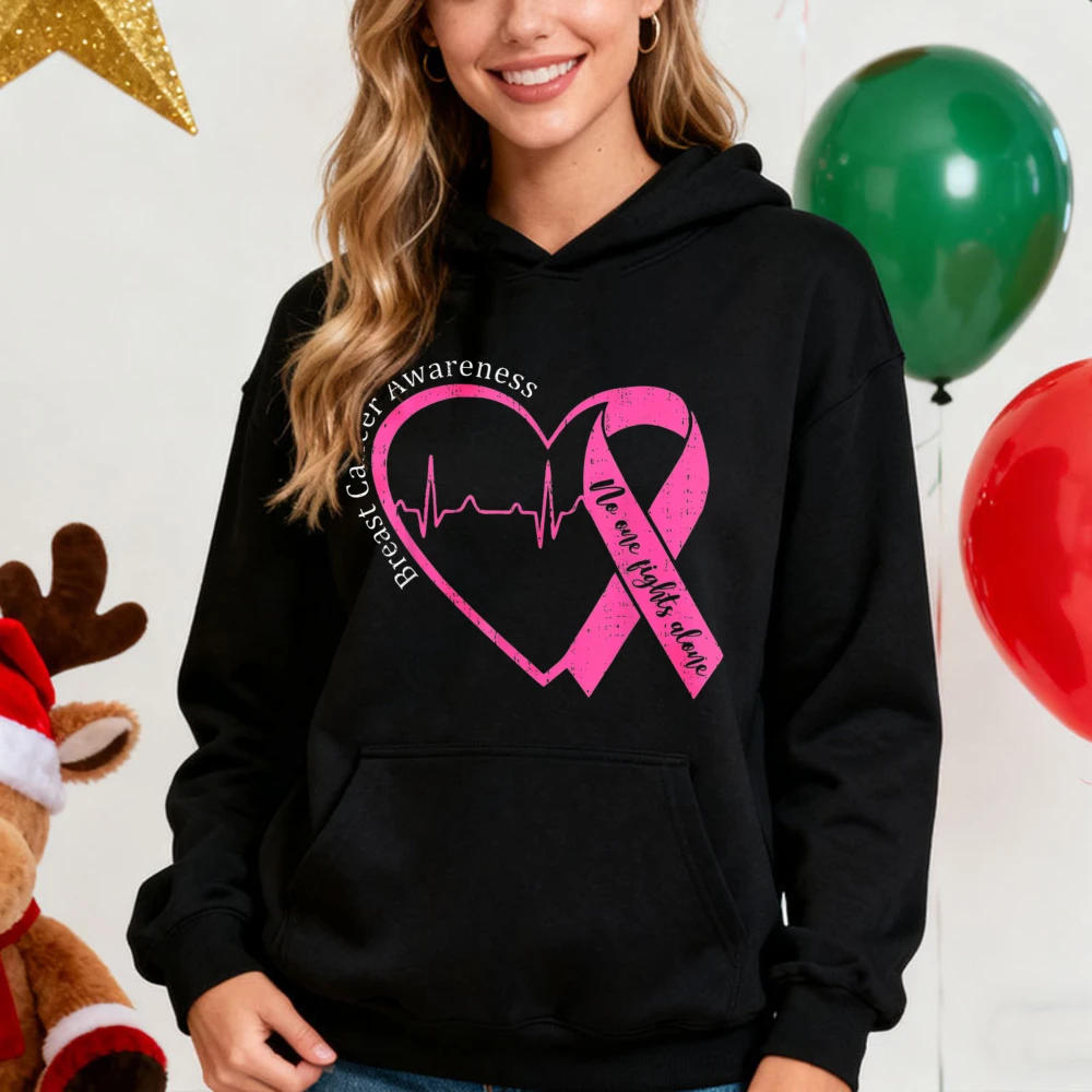 Breast Cancer Awareness Sweatshirt Heart Pink Ribbon Support Squad Long Sleeve Hoodies Pink Ribbon Graphic Women Preppy Sweater
