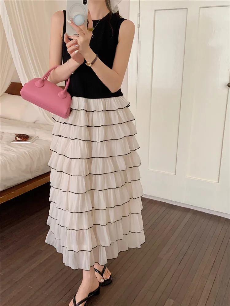 Coreano retro cor contraste babados em camadas bolo vestido o pescoço falso 2 peça sem mangas de malha retalhos tanque colete vestido vestidos