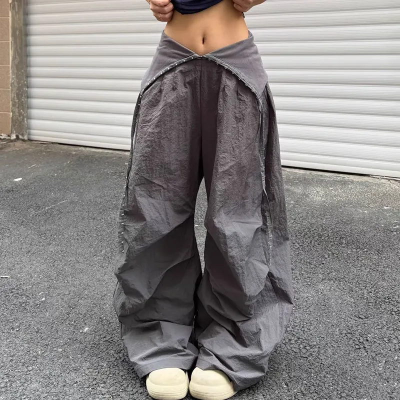 Y2K Cargo Pants Women Streetwear Letter Diamond Baggy Sweatpants Harajuku White Wide Leg Joggers Summer Grunge Casual Trousers