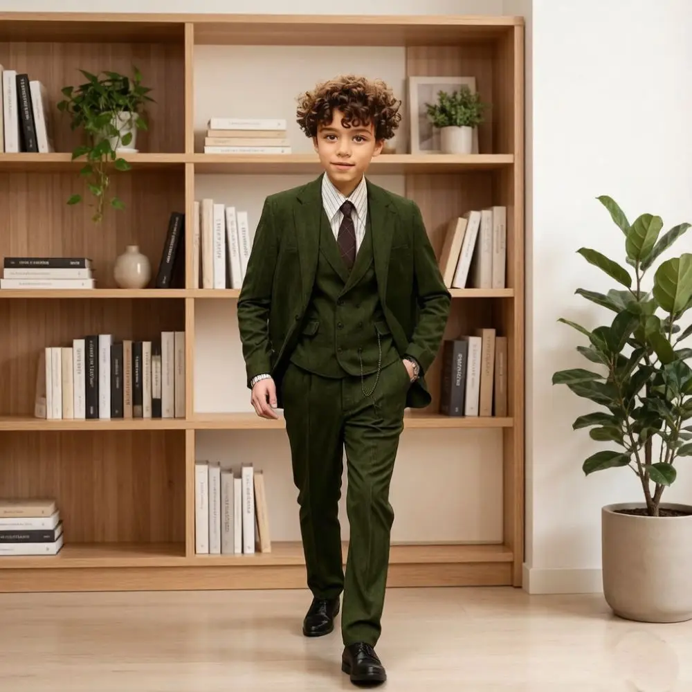 Boys Suits Tweed Herringbone 3 Pieces Formal Kids Wedding Tuxedo Slim Fit Blazer Custom Made Suit Jacket Vest Pants Set