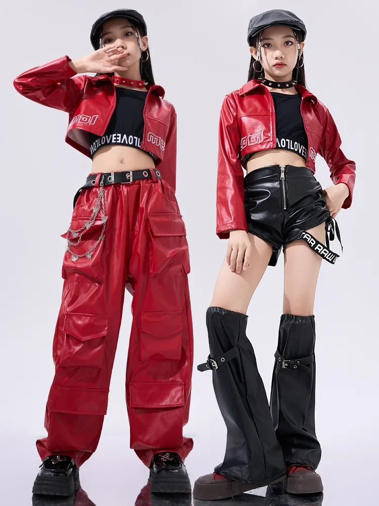 Girls Hip Hop Street Clothing Red Leather Tops Pants for Kids Streetwear Costume Jazz Dance Clothes