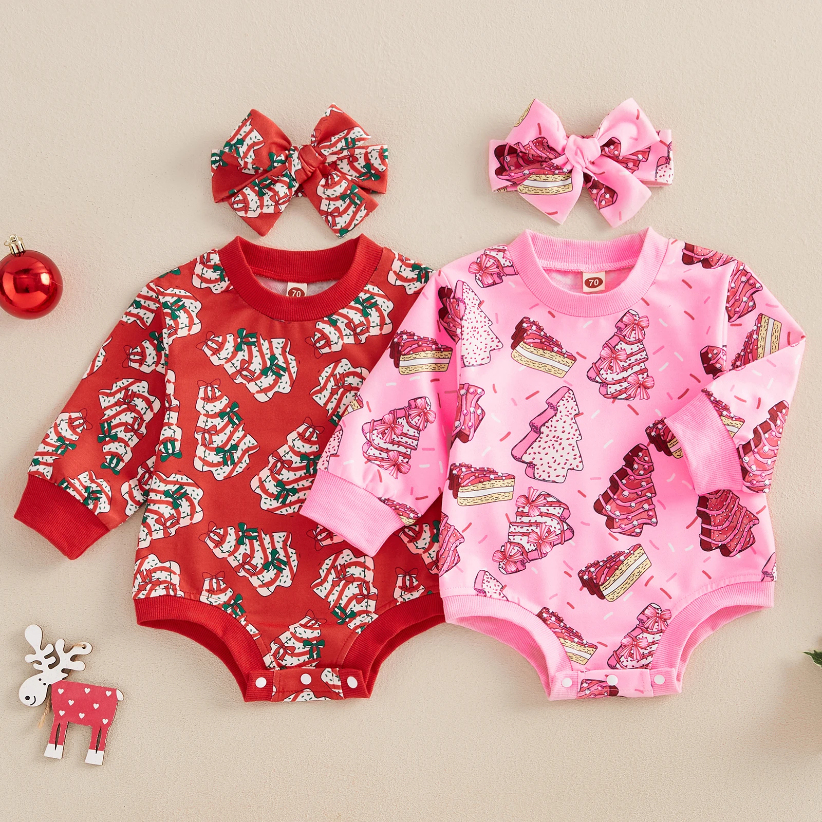 

Baby Girls Sweatshirt Romper Christmas Tree Print Long Sleeve Jumpsuits and Cute Headband Set for Toddler Infant