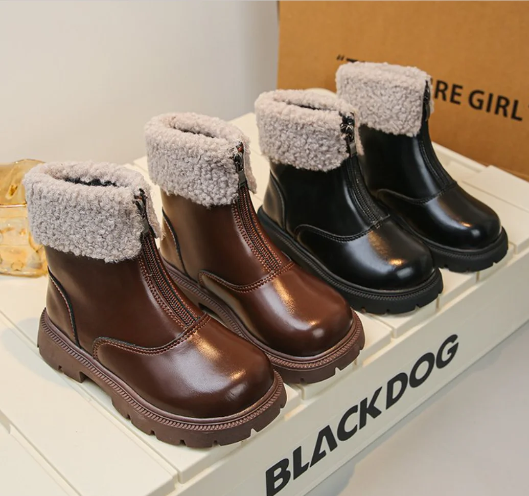 Children's Fashion leather Boots Winter British Short Boots Boys Girls Cotton Shoes Kids Warm Plush Non Slip Outdoor Snow Boots
