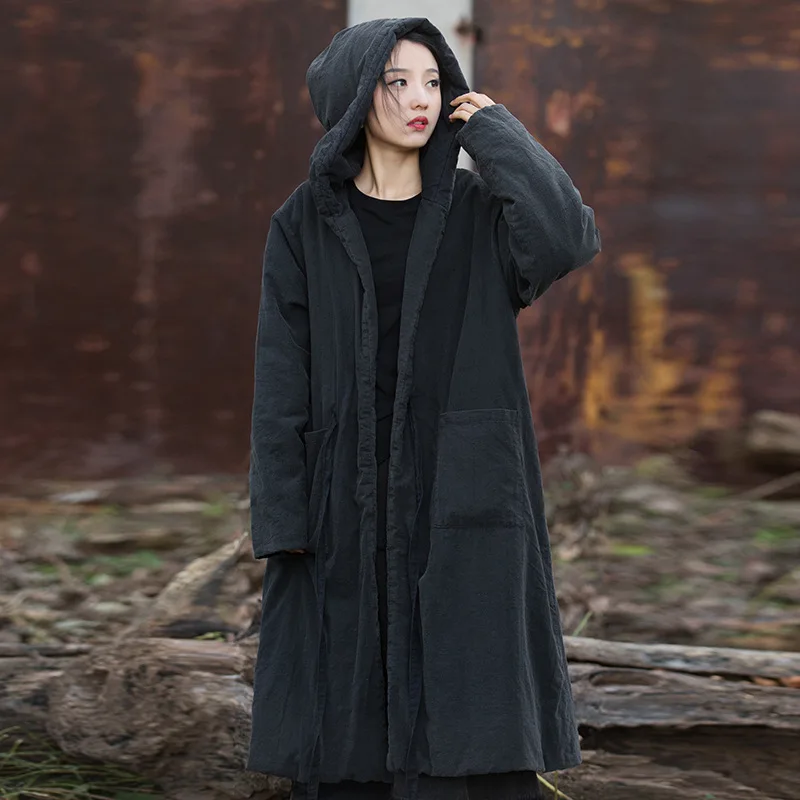 100% Cotton Women's Black Hooded Long Parka Warm Thick Winter Coat Long Sleeves Vintage Original Parkas Mori Girl Style