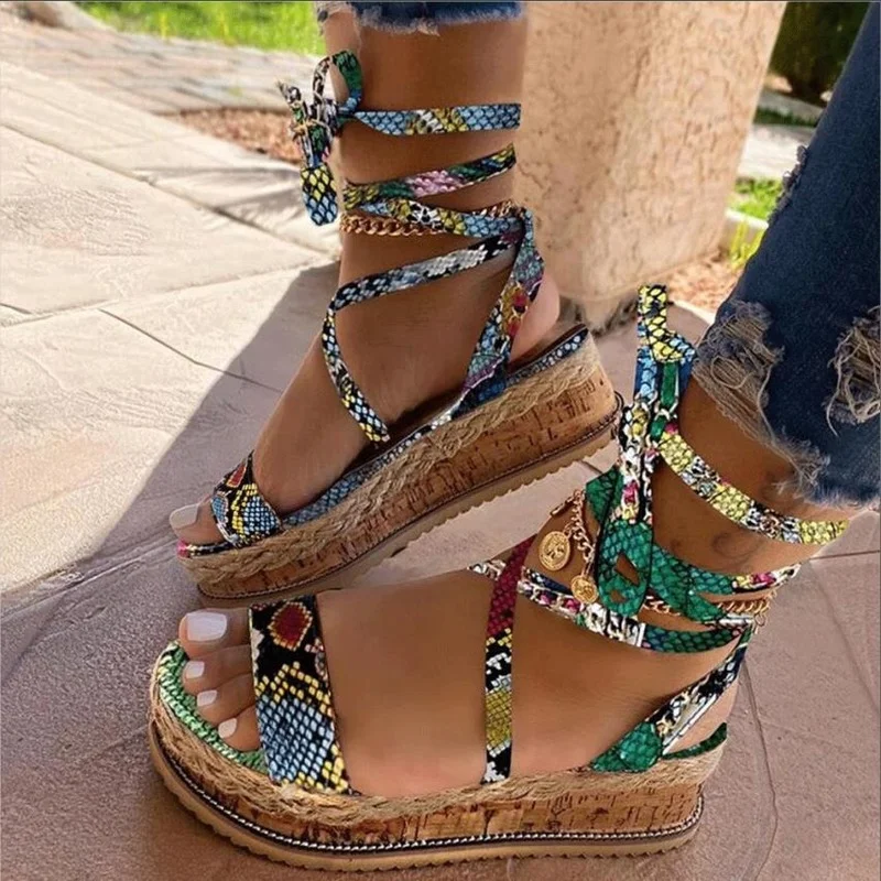 Women Sandals  Summer Snake Wedge Shoes Ethnic Print Fashion Casual Lace Up Women Shoes Beach Ladies Plus Size Shoes Sandals