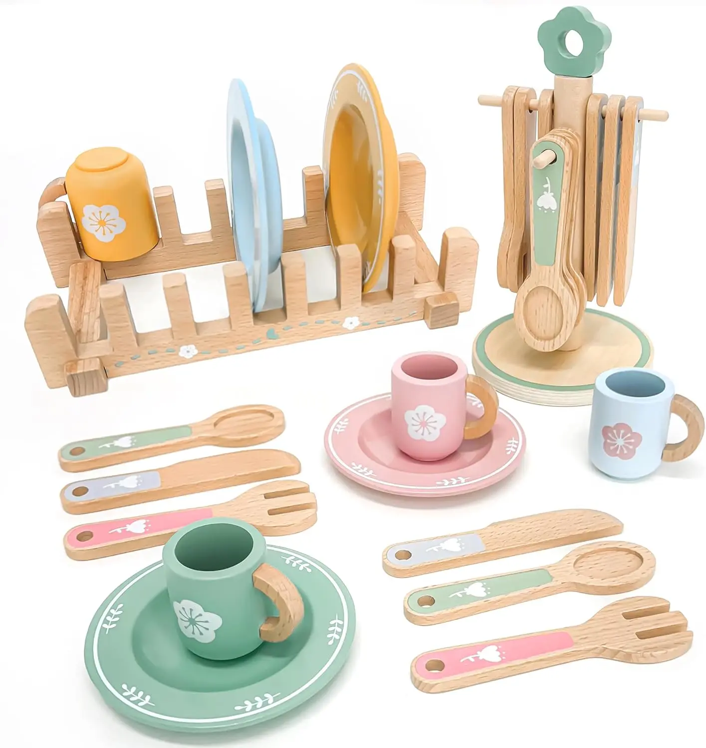 Hölzerne Küche, Rollenspiel-Set, Montessori-Simulationsplatten, Geschirr, Zubehör, Küchenspielset, Spielzeug für Kleinkinder, Geschenke ab 3 Jahren – Detail 6