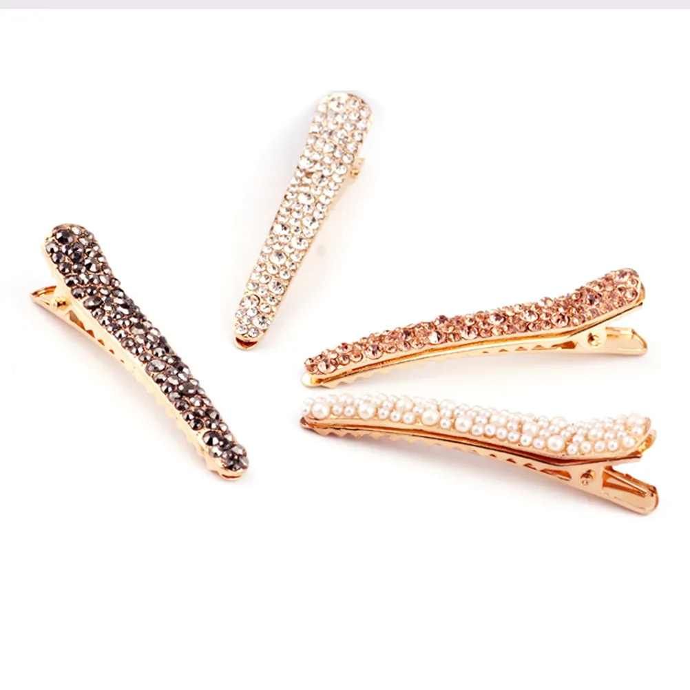 4pcs Rhinestone Hairpins Gold-Plated Duckbill Clips with Pearls & Crystals for Fringe Control