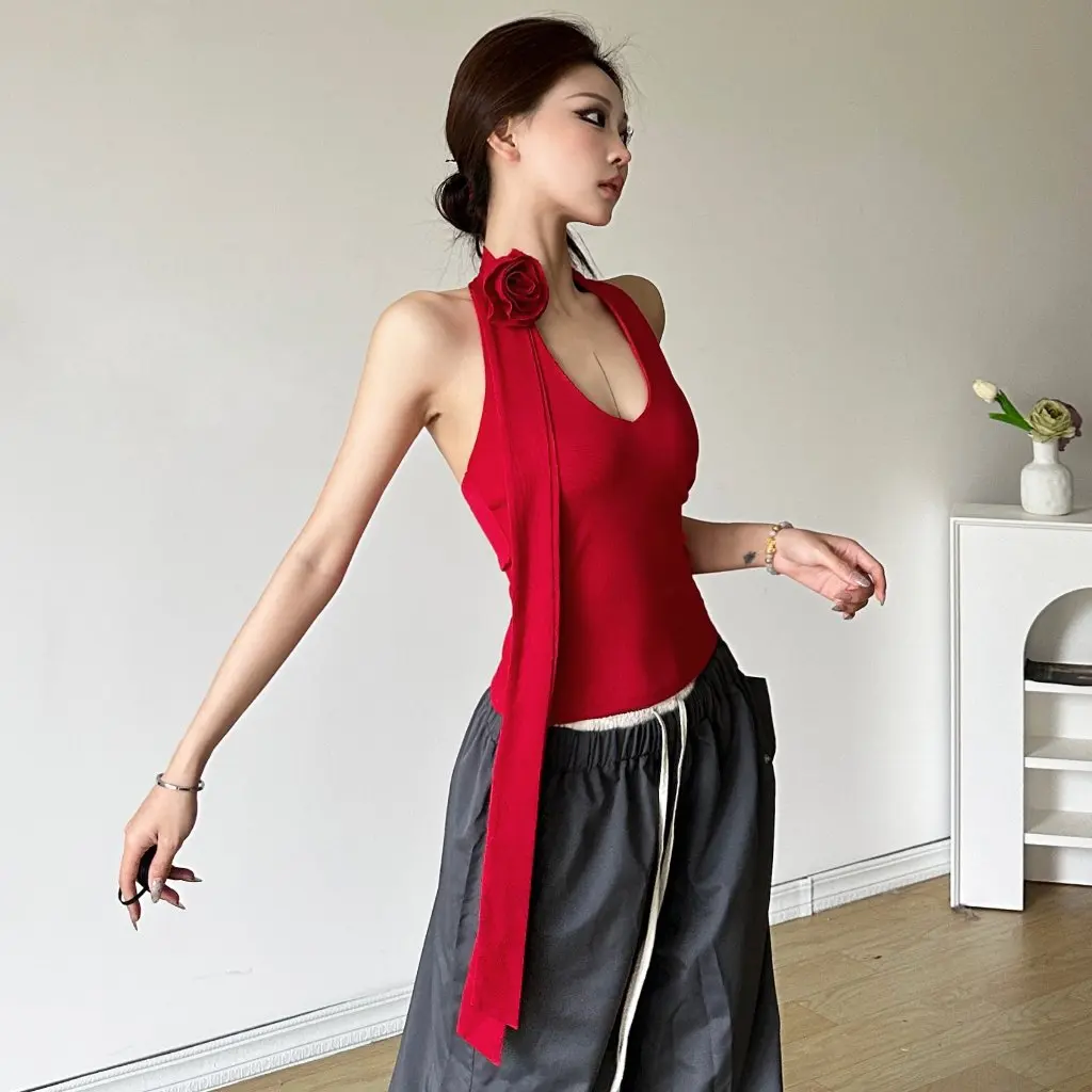 

Новый летний женский однотонный жилет с лямкой на шее и 3D цветочным декором, свободные прямые брюки с высокой талией в европейском и американском стиле