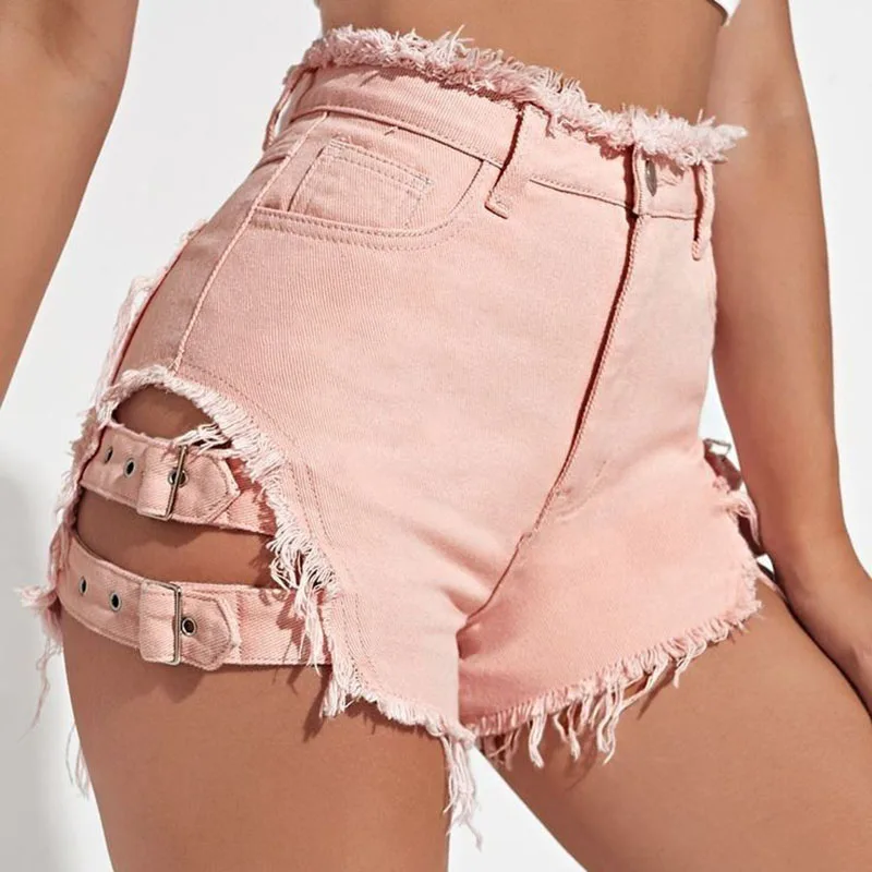 Shorts jeans skinny de cintura alta para mulheres estilo americano angustiado oco fivela de metal gravata cintura streetwear