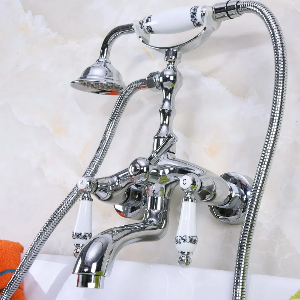 

Chrome Brass Telephone Style Bathtub Faucet Wall Mounted Bath & Shower Mixer Taps Handheld Shower Set tna218