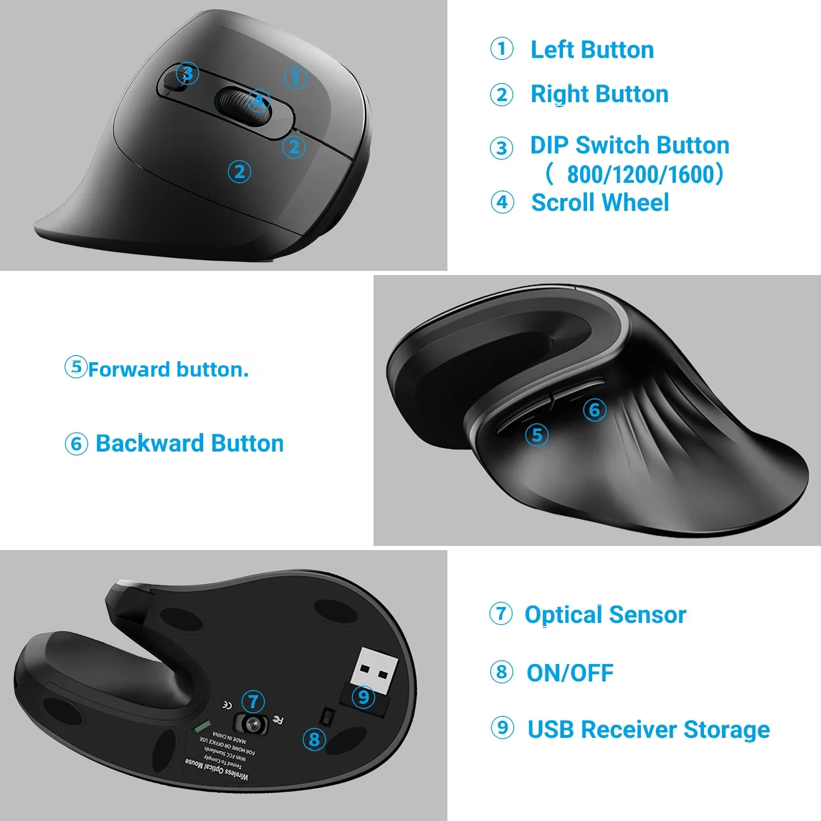 Wireless Vertical Silent Computer Mouse Rechargeable Ergonomic Design 2.4G Plug and Play Portable Mice for Laptop PC
