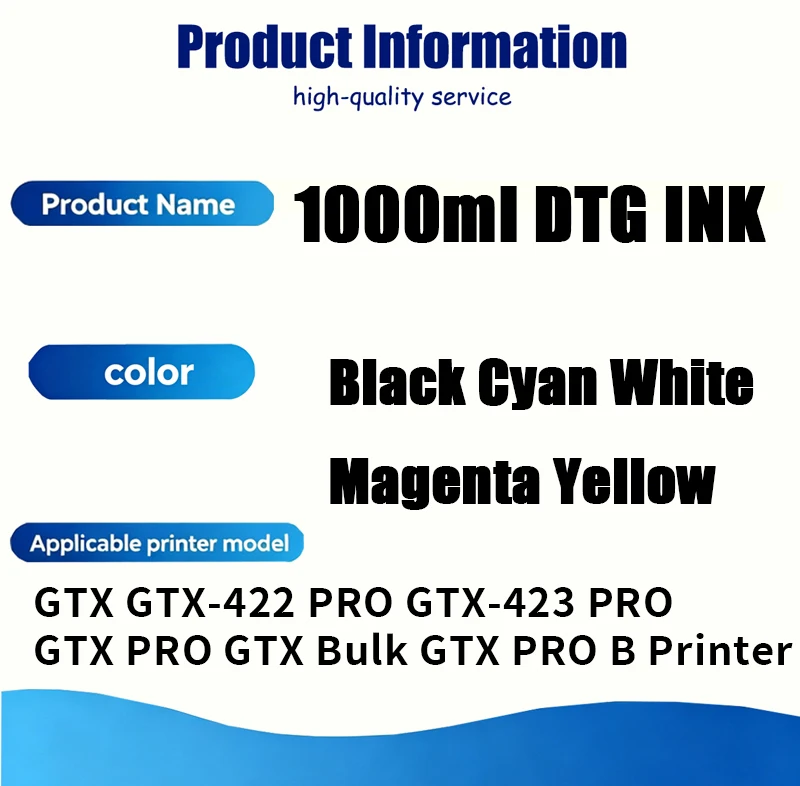 1 Bottle C/M/Y/BK/WH 1000ml GTX DTG Ink Textile Ink Compatible for Brother GTX-423 PRO GTX-422 PRO GTX Bulk GTX PRO B