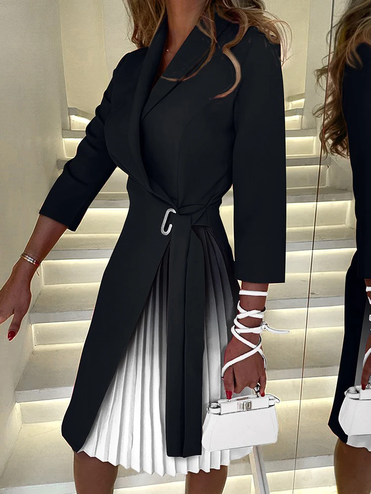 נשים אלגנטיות בלייזר שמלה במשרד גברת סתיו חורף שרוול ארוך דש מותן גבוה חגורת קפלים מחוך חגורה קפלים שמלת מסיבה שמלה y2k בגדים שיקים