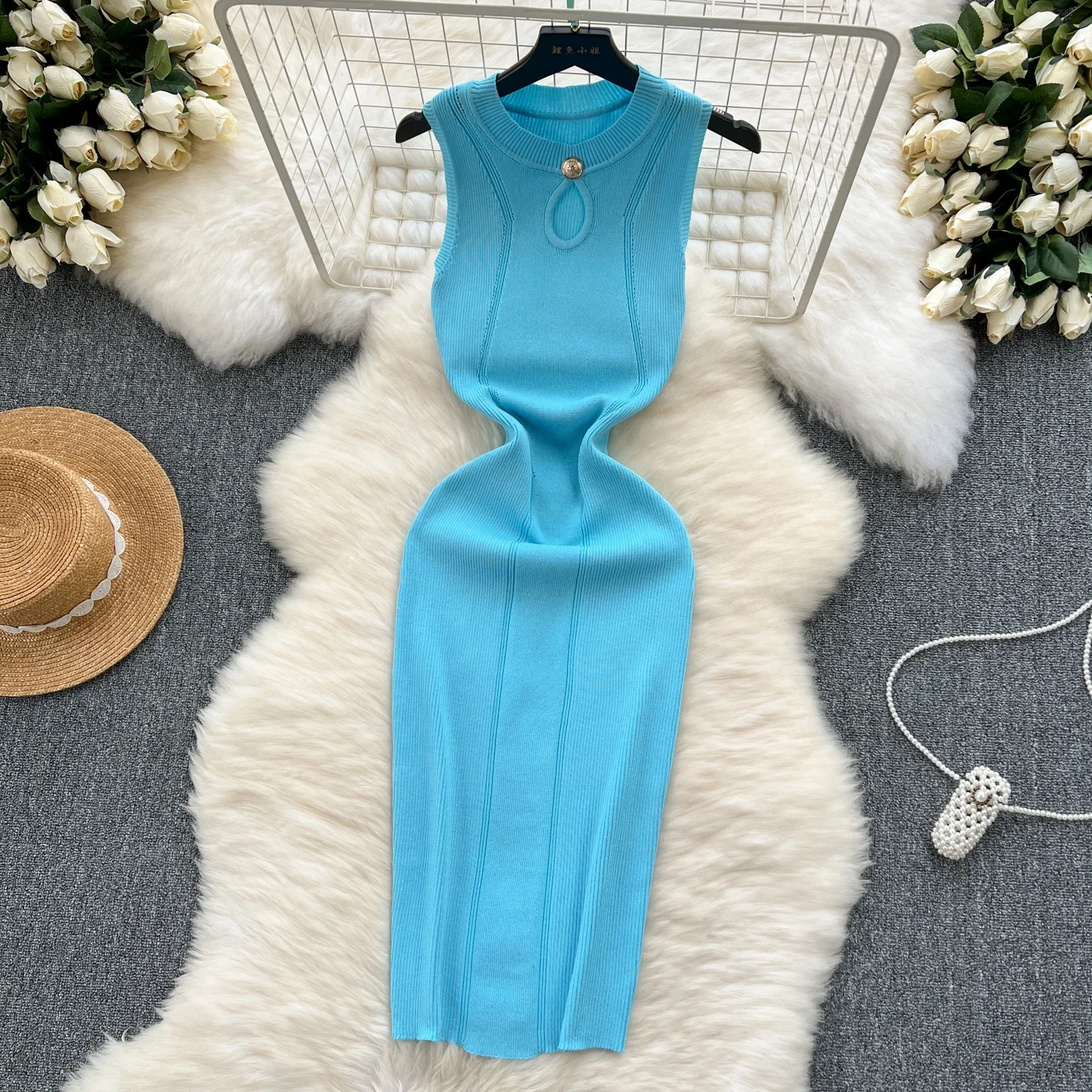 2024 Sexy verano vestido de tirantes de punto mujeres tanque cintura elástica ceñido al cuerpo vestido veraniego mujer playa espalda descubierta vestido largo por debajo de la rodilla