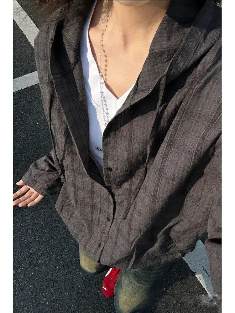 Lightweight Long Sleeve Plaid Shirt Hooded Drawstring Outdoor Summer Men's Cleanfit Shirt Youth Trend Loose Fit American Style