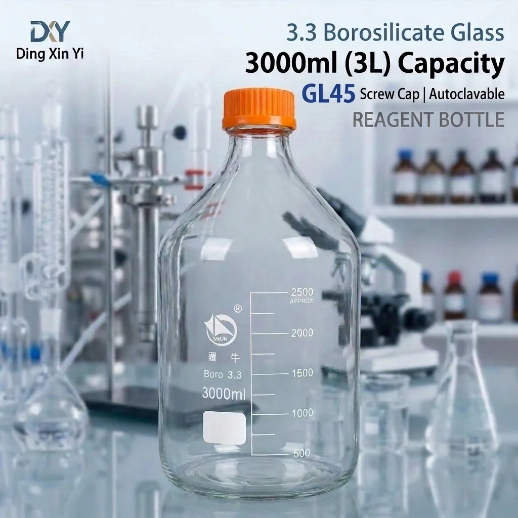 3000ml Lab Glass Reagent Media Bottle Clear with GL45 Yellow Screw Cap Autoclavable