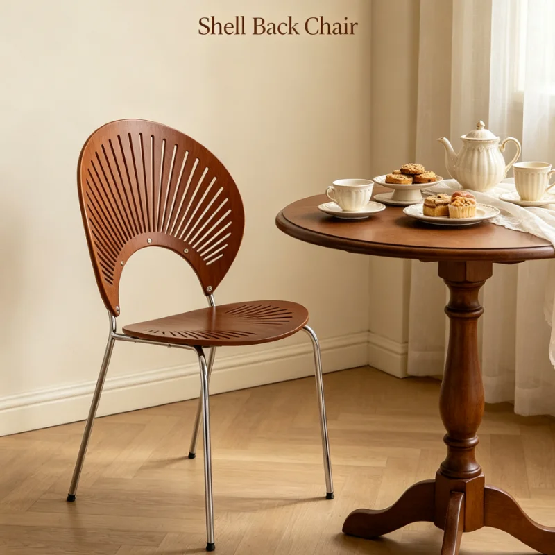 Solid Wood Shell Dining Chair With Vintage Backrest For Home Tea Table Luxury
