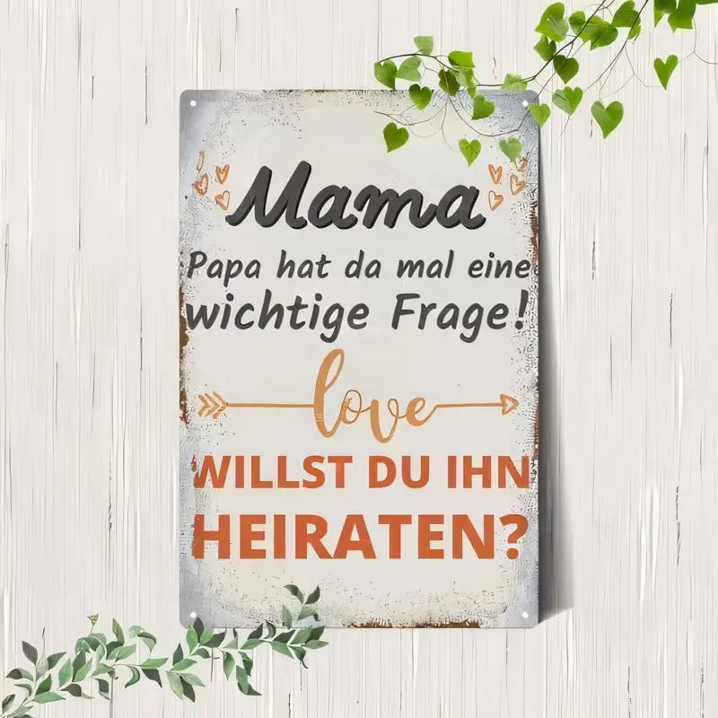 Vintage Rustic Iron Metal Sign, Mama Papa Proposal Design (Hearts/Arrows), White, Perfect for Home & Engagement Decor