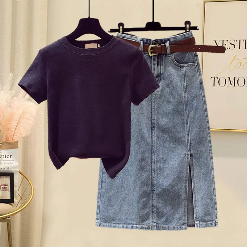 Large Summer Fashion Women's Suit 2022 New Short Sleeve T-shirt Slim Split Denim Skirt Two Piece Women's Skirt Suit