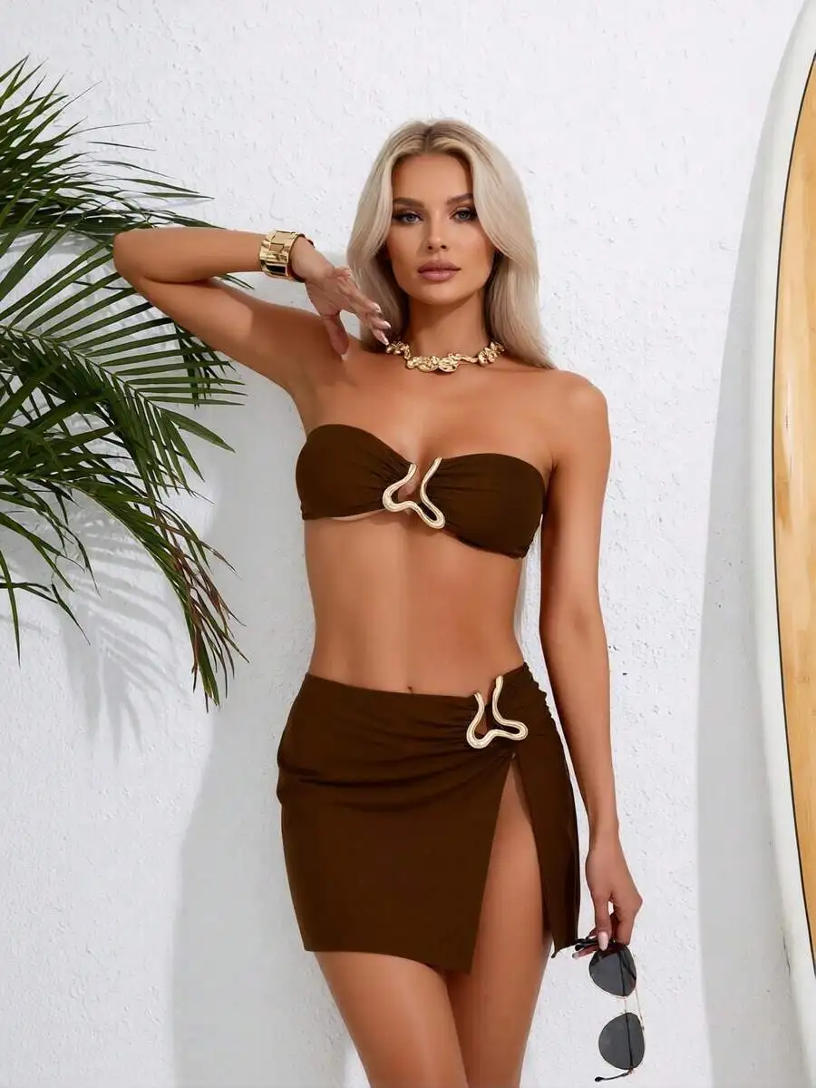 

Brown Bandeau Bikini Set With Snake Charm Cover Up Skirt For Beach Vacation