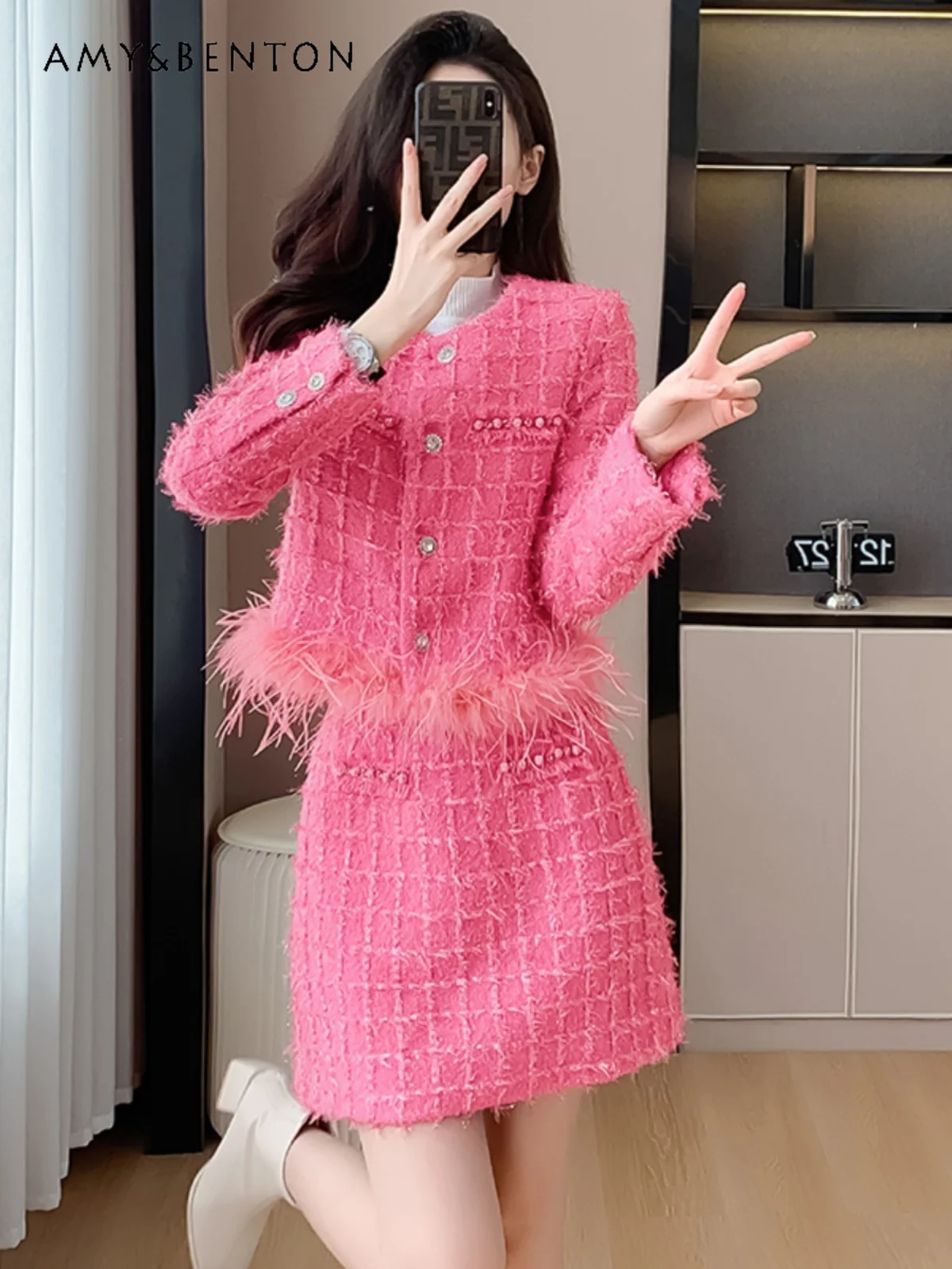 

Office Lady Elegant Pink Feathers Coat Slim Mini Skirt Two Piece Sets Womens Outifits Spring Autumn Sweet Graceful Skirt Sets