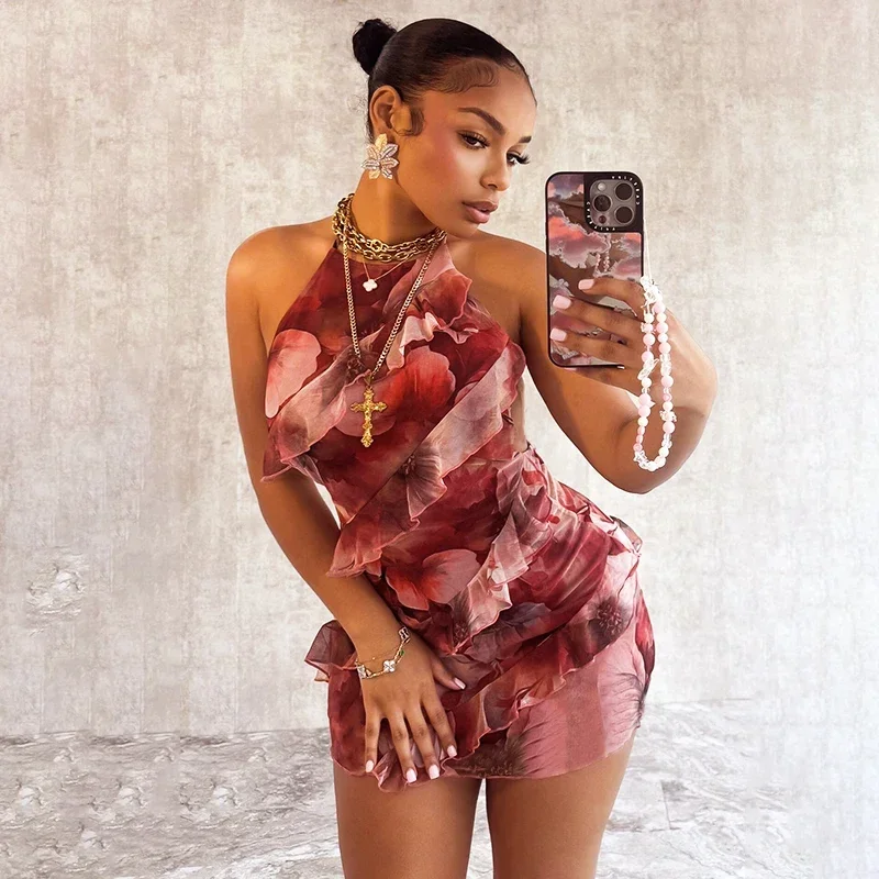 

Floral Printing Ruffles Mini Dress Women Sexy Halter Backless Body-Shaping Vacation Dresses 2024 Summer Holiday Beachwe