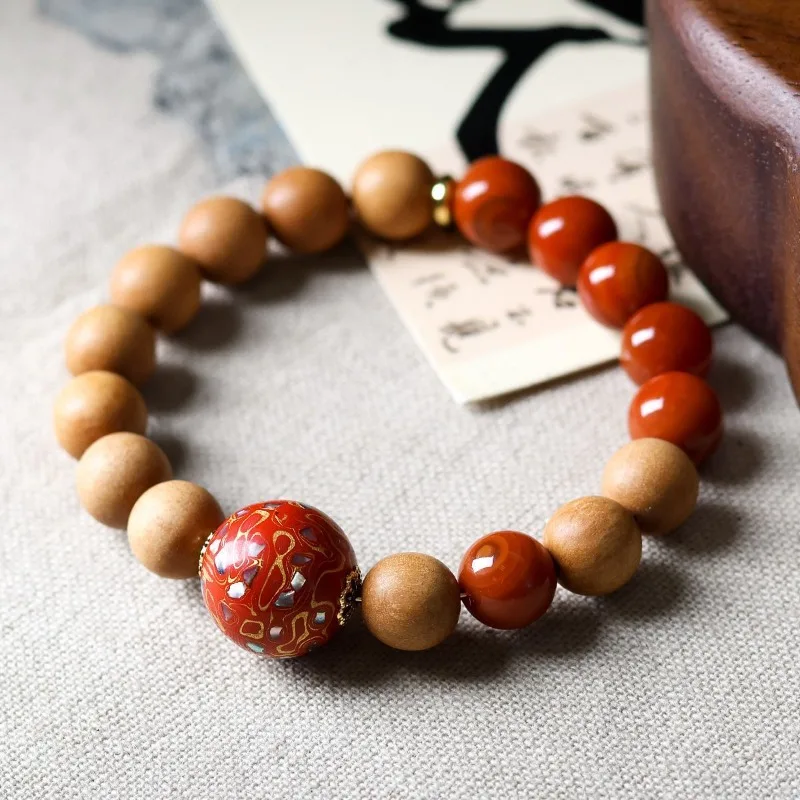 Aged Sandalwood with Southern Red Agate New Chinese Style Original Design Red Cord Lacquer Prayer Beads Bracelet Collector Gift