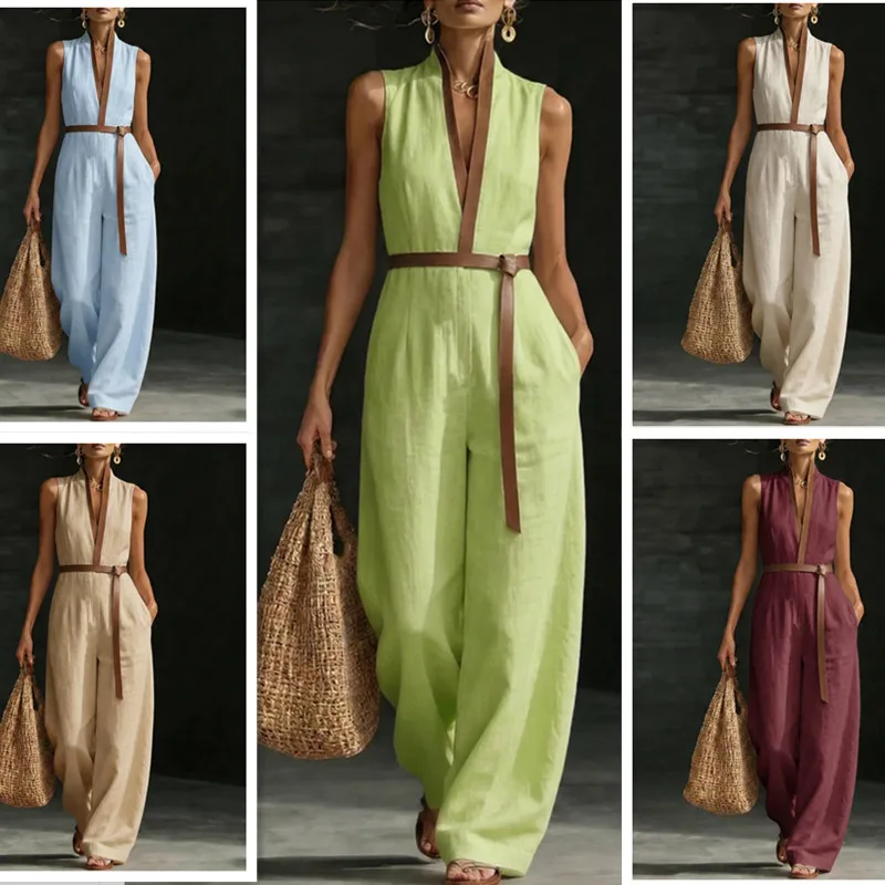 2026 European And American Comfortable Casual Patchwork Sleeveless Straight Jumpsuit For Women, Simple Style, Slightly Elastic,