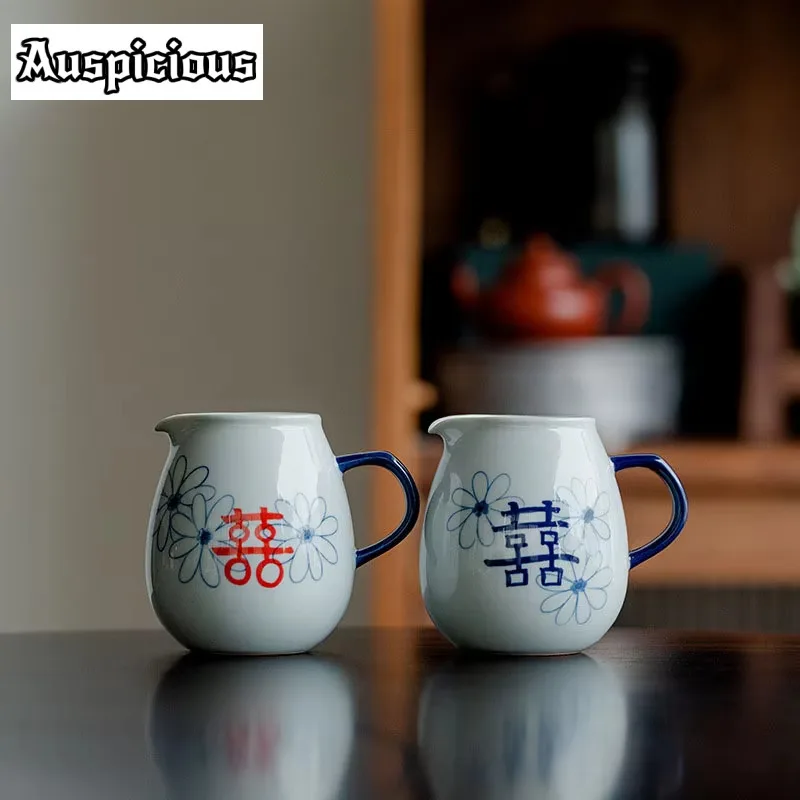 

200ml Pure Handwritten Red Double Happiness Ceramic Fair Cup Creative Chahai Chinese Kung Fu Tea Set Tea Coffee Divider Mug Gift