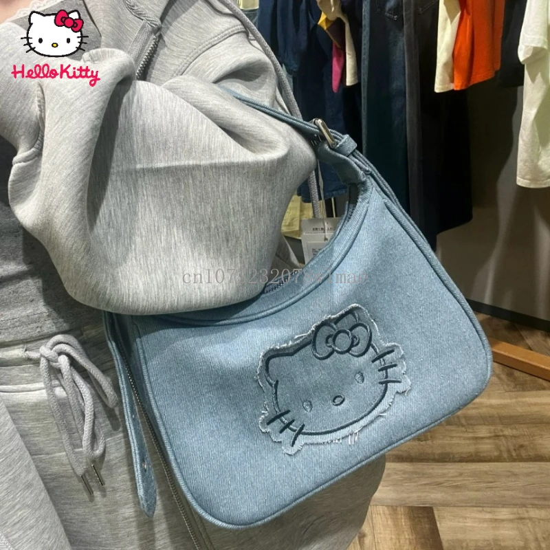 New Kawaii Hello Kitty Underarm Bags Women Y2K Commuting Portable Bag Fashion Denim Embroidery Shoulder Bag Handbag for Girl