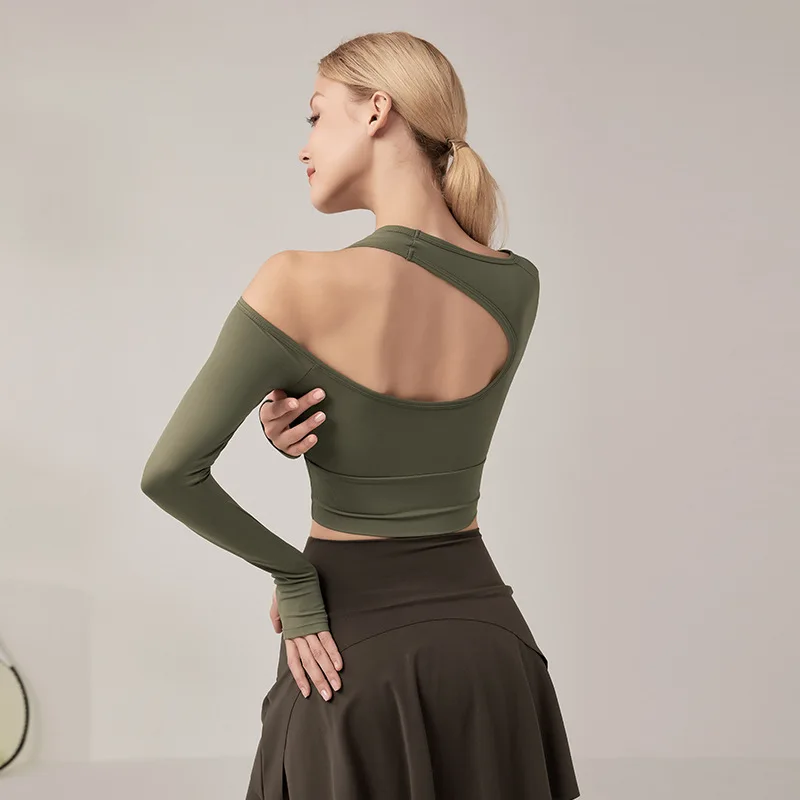 

Women Yoga Autumn off-shoulder Top Long Sleeve Close-fitting With Chest Pad Breathable Sport Workout Gym Fitness Backless Shirt