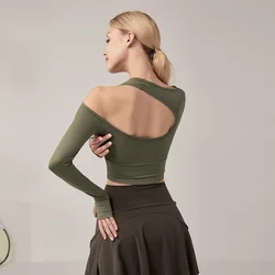 Women Yoga Autumn off-shoulder Top Long Sleeve Close-fitting With Chest Pad  Breathable Sport Workout Gym Fitness Backless Shirt