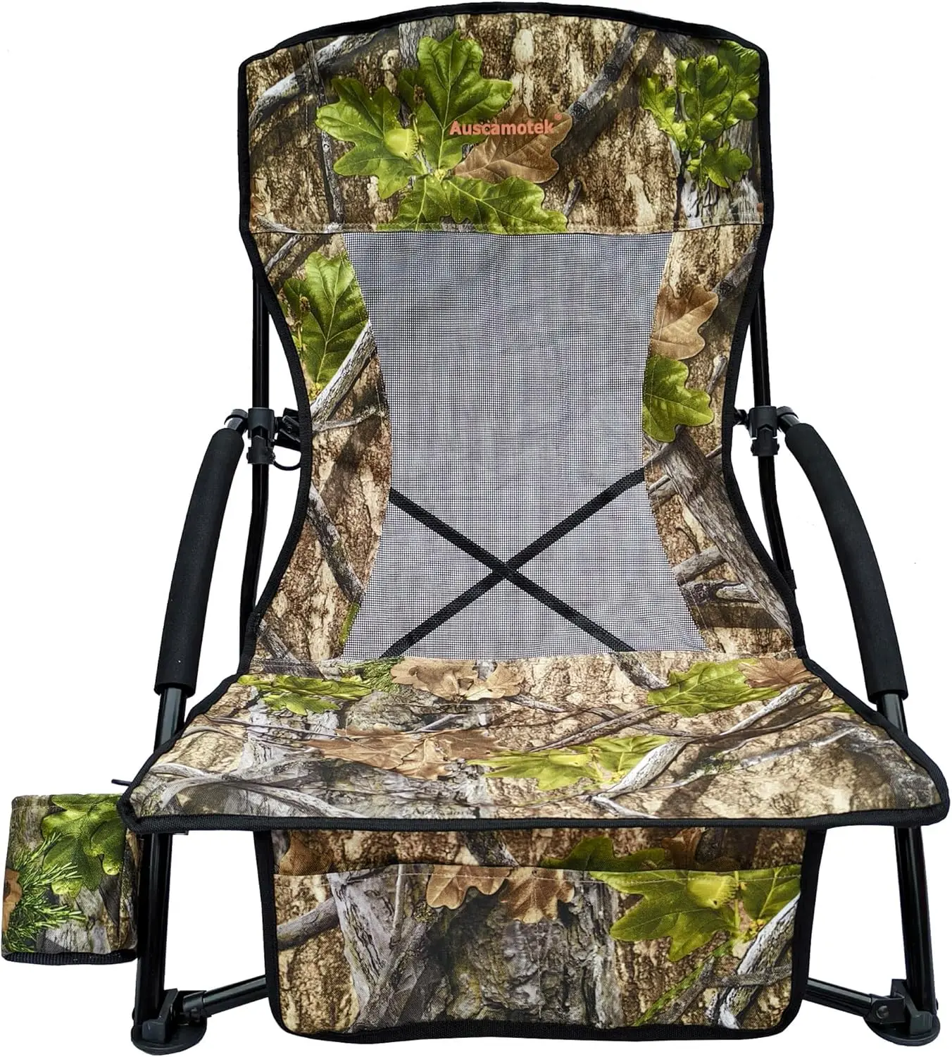 Low Profile Hunting Chair, Portable Folding Camo Chair with Cup Holder, Mesh Back, Shoulder Strap & Carry Bag
