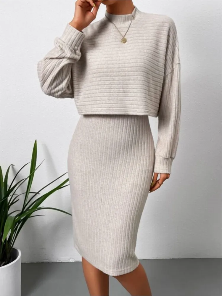 Elegant slim fit dress set women\'s slim shoulder strap dress long sleeved round neck top vest set autumn and winter new item