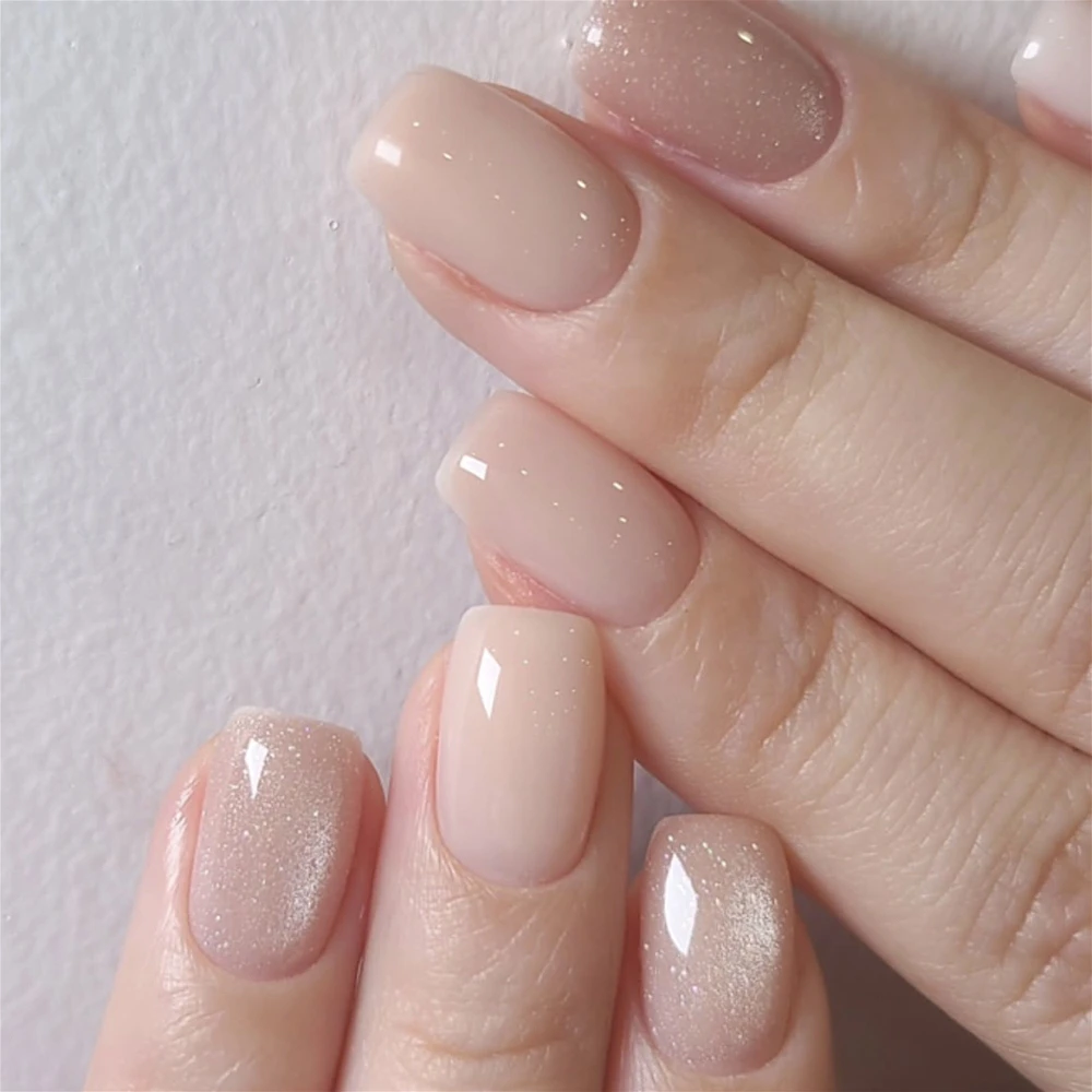 

Simple Nude Solid Color Sparkling Cat Eye Nail Art Short Square Chic Fake Nails Detachable Finished False Nails Press on Nails