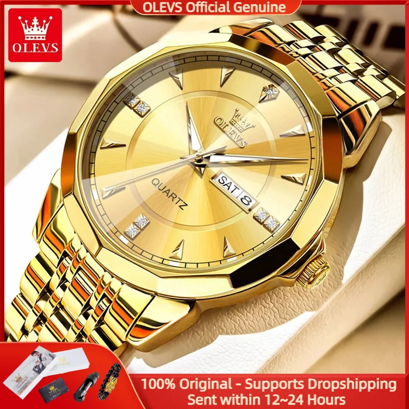 

OLEVS 9977, оригинальные мужские часы, золотые роскошные водонепроницаемые часы с бриллиантами и датой недели, деловые простые кварцевые мужские часы Relogios Masculino