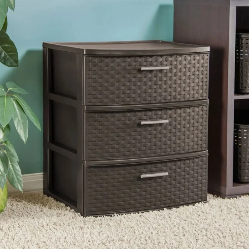 

Hot Sale. 3 Drawer Wide Weave Tower Plastic, Espresso Free shippment