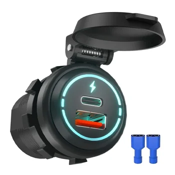 Enchufe de cargador USB para coche de 12V/24V PD tipo C + toma de corriente QC 3,0 con cubierta de resorte puertos duales carga rápida para motocicleta ATV RV