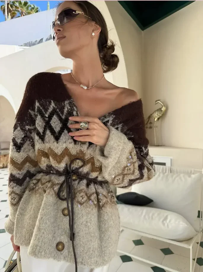 

Loose Print Belt Women Knitted Cardigan Sequined Jacquard Knit Cardigan Elegant V-neck Single Breasted Loose Women Warm Sweater