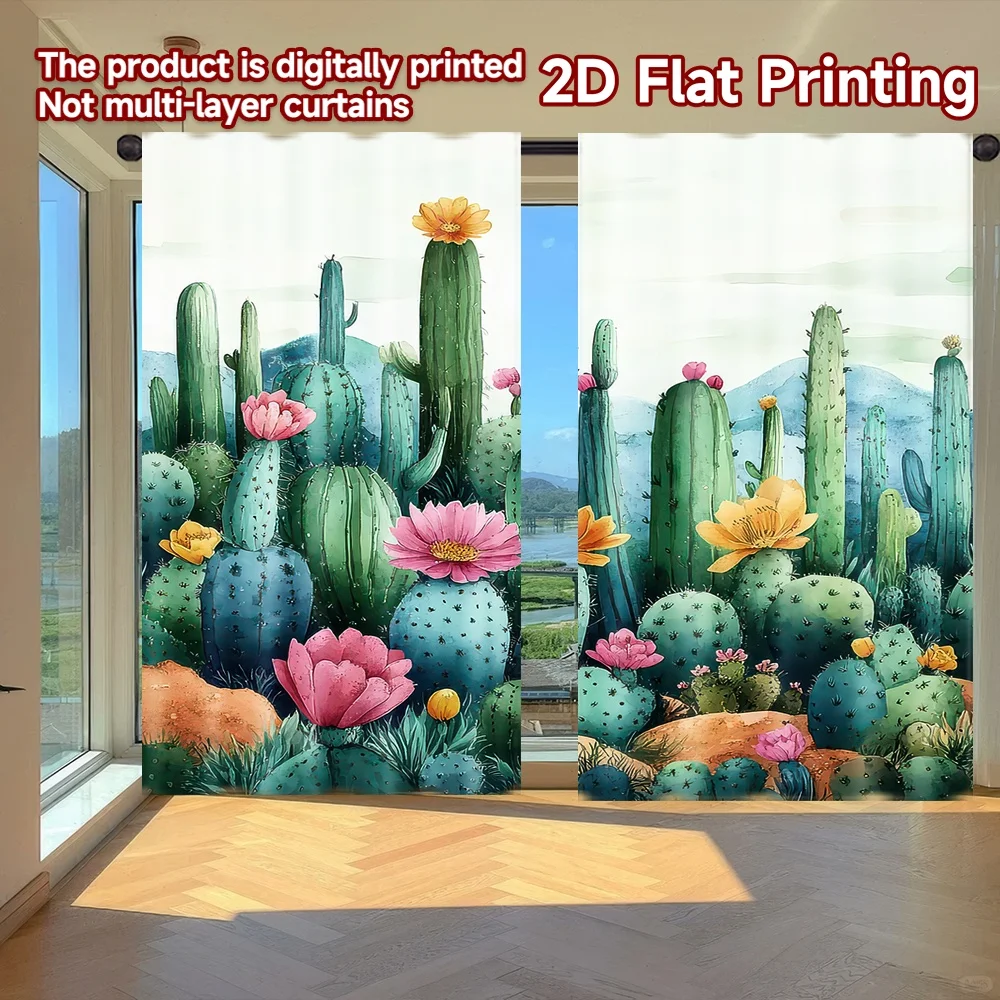 

2D flat printing 2pcs Window Treatment Curtains Cactus Garden Blooms Digital Printed Polyester Drapes Seasonal Party & Holiday