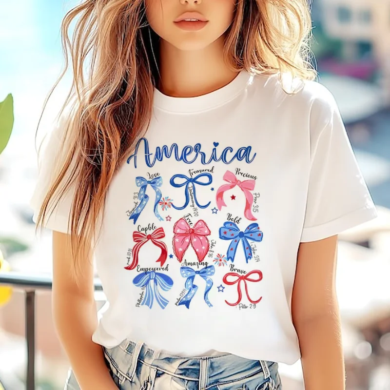 

Women's Fashion 90s Short Sleeved Printed Watercolor Bow Letter Pattern Women's Street Summer T-Shirt Clothing Regular Top