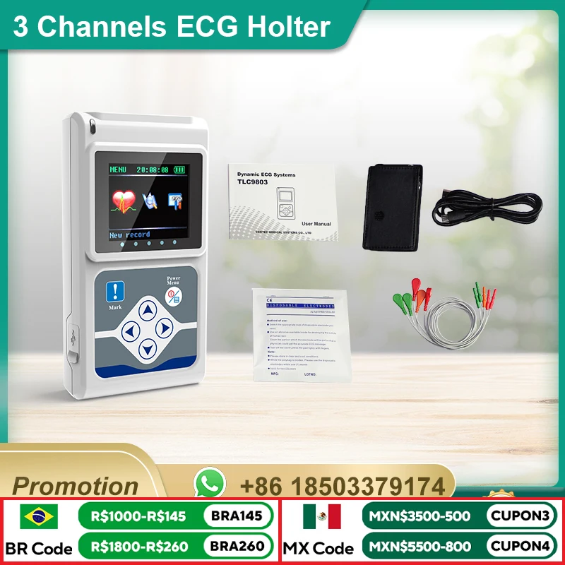 Genuine CONTEC 3 Channels ECG Holter, EKG Holter, Dynamic ECG Monitor System, 24 hours ECG Recorder TLC9803