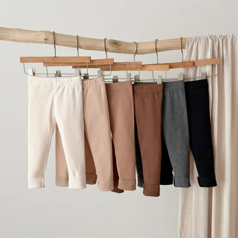 Autumn Kids Ribbed Leggings Boys Girls Elastic Waist Cuffed Hem Solid Color Slim Casual Pants