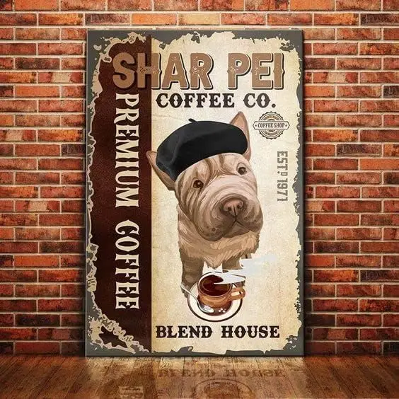 Metal Sign Shar Pei Dog Coffee Company Vintage Kitchen Signs Wall Decor Aluminum Signs for Home Bars Cafes Gift For