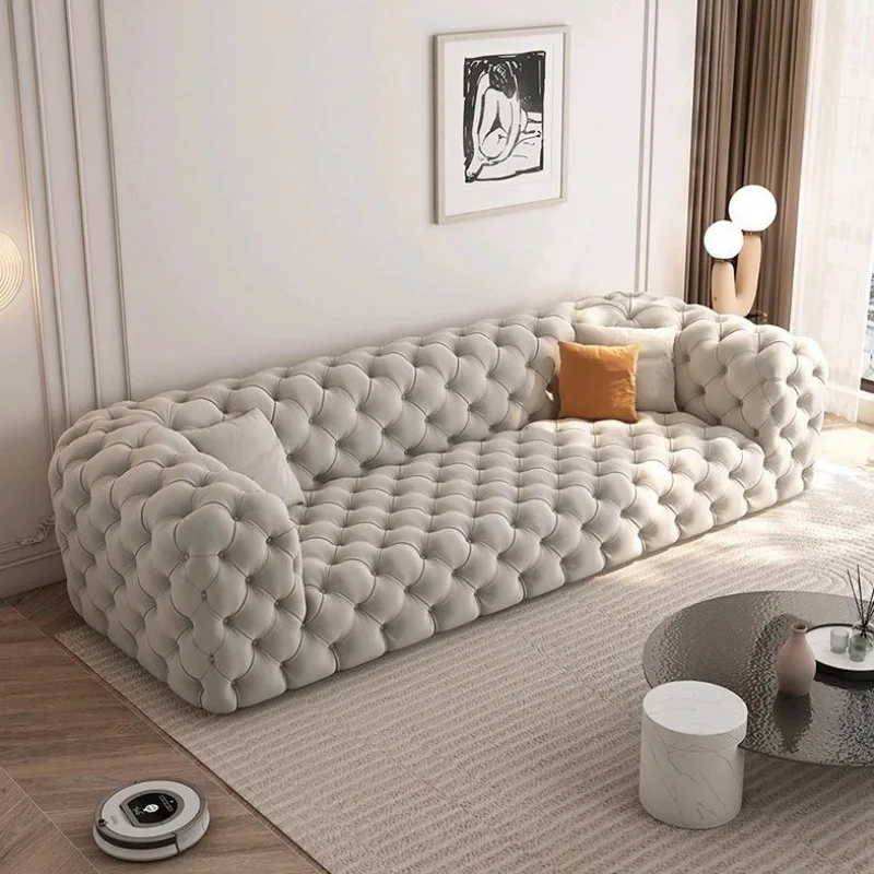 American light luxury small apartment lunar surface pull button sofa living room leave-in matte fleece cream designer