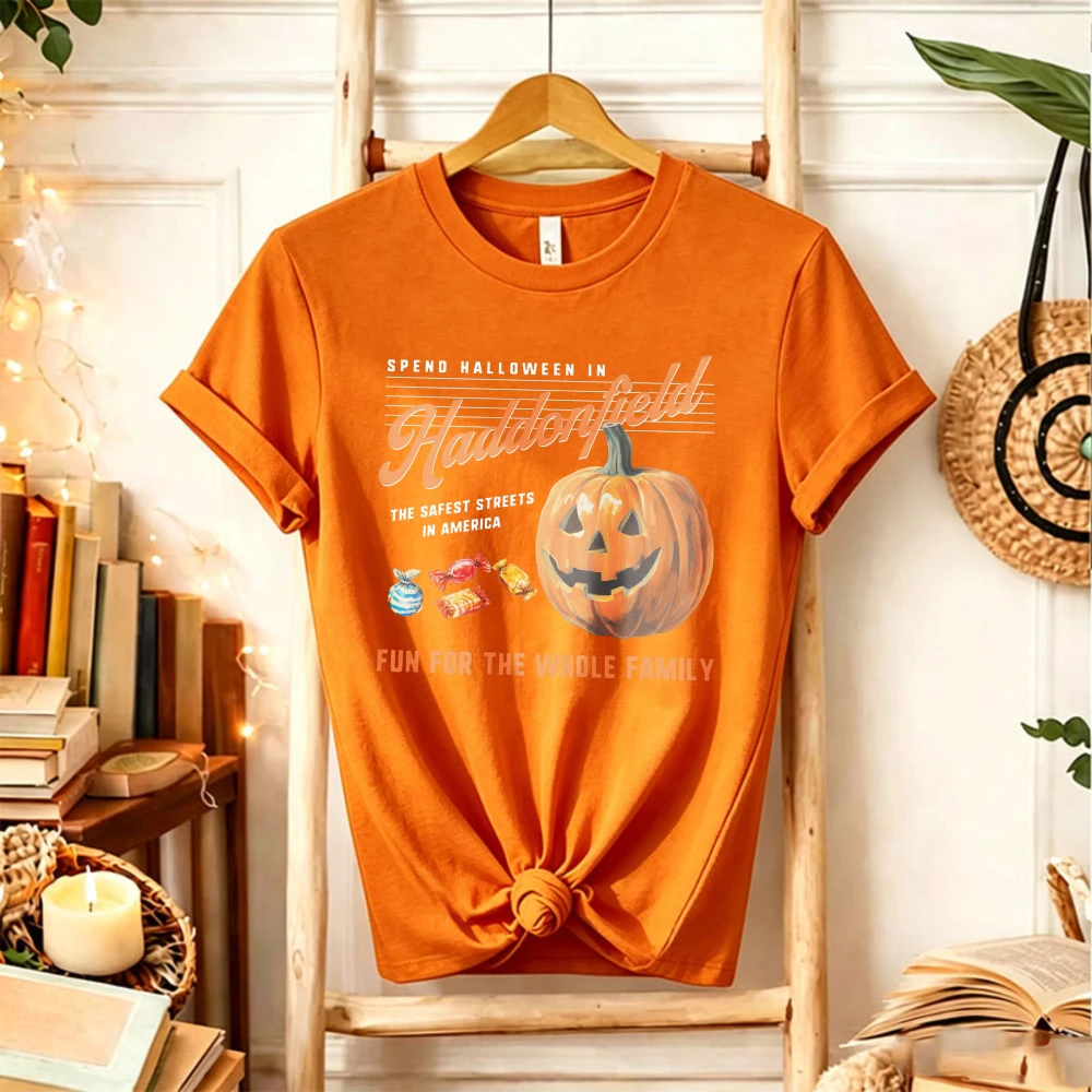 Spend Halloween in Haddonfield T‑Shirt Jack O Lantern Pumpkin Trick or Treat Candy Retro Horror Themed Slogan Fall Holiday Tops