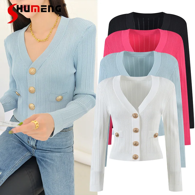 

2024 Early Autumn New Knitwears Women's Clothes Feminine Temperament Metal Buckle Long Sleeve Multi-Color Coats Slimming Tops