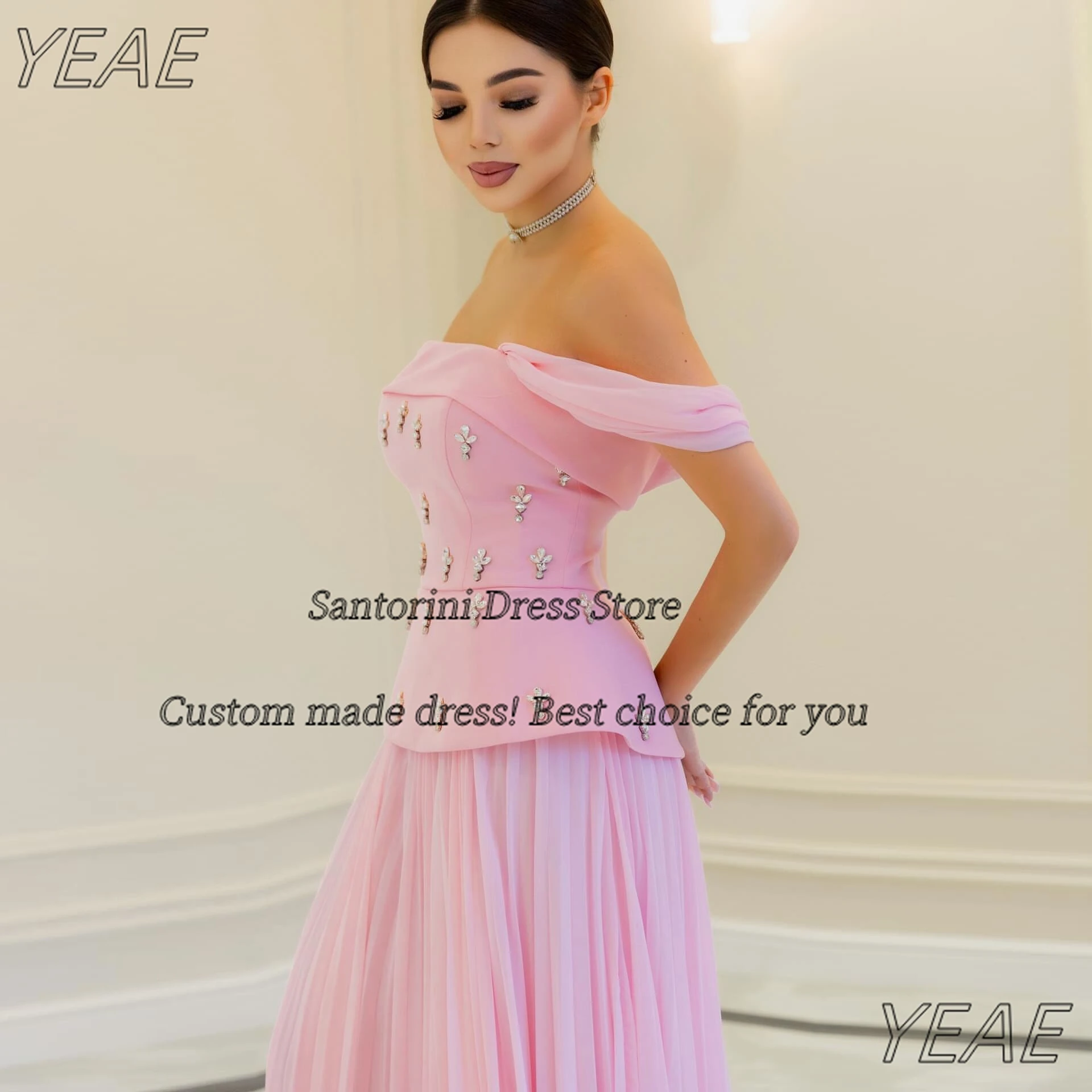 Santorini rosa vestidos de baile fora do ombro cristais robe des soiree longo ruched vestidos festa vestido de noite personalizado