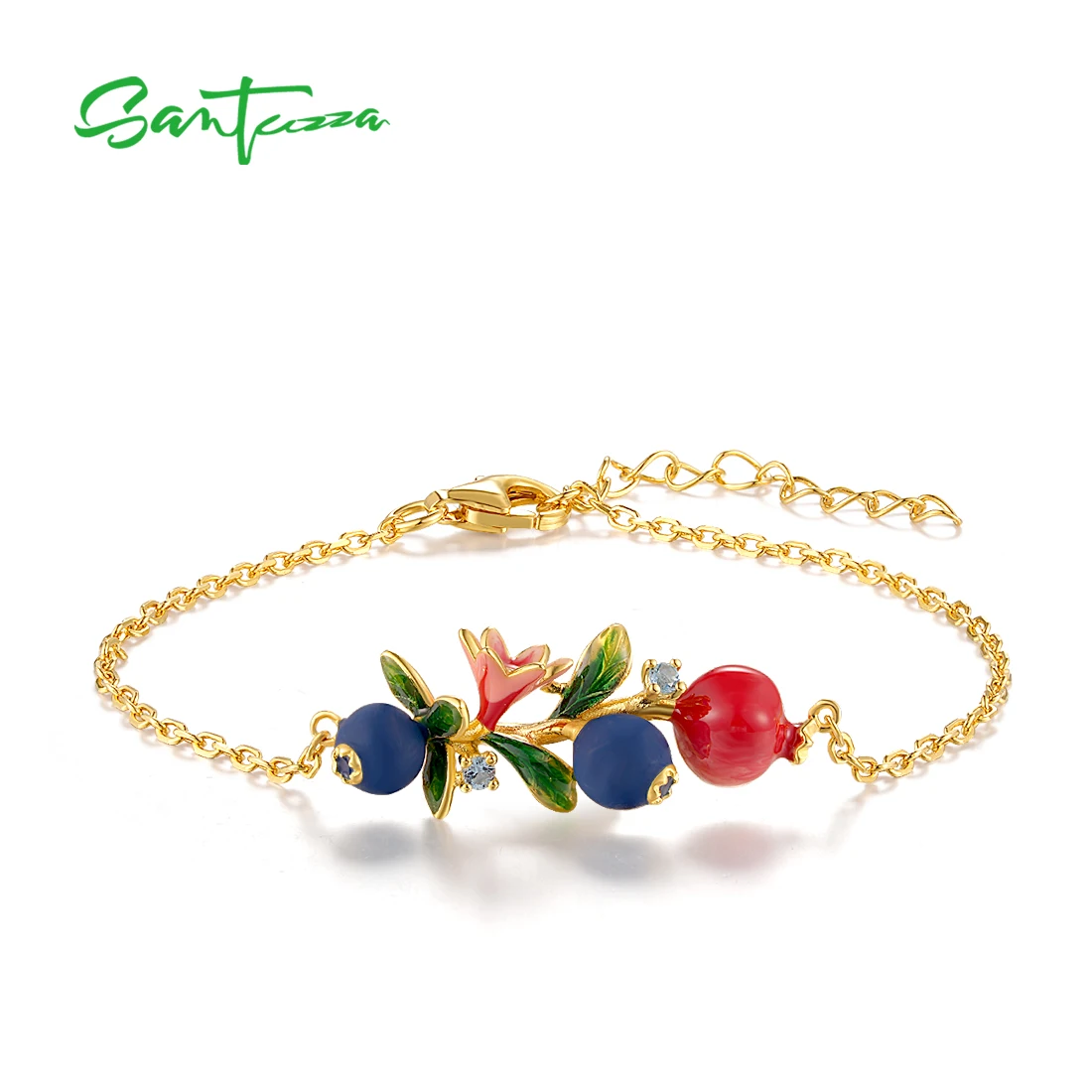 

SANTUZZA Real 925 Sterling Silver Adjustable Bracelet For Women Ename Blueberries Fruits Wedding Anniversary Gifts Fine Jewelry